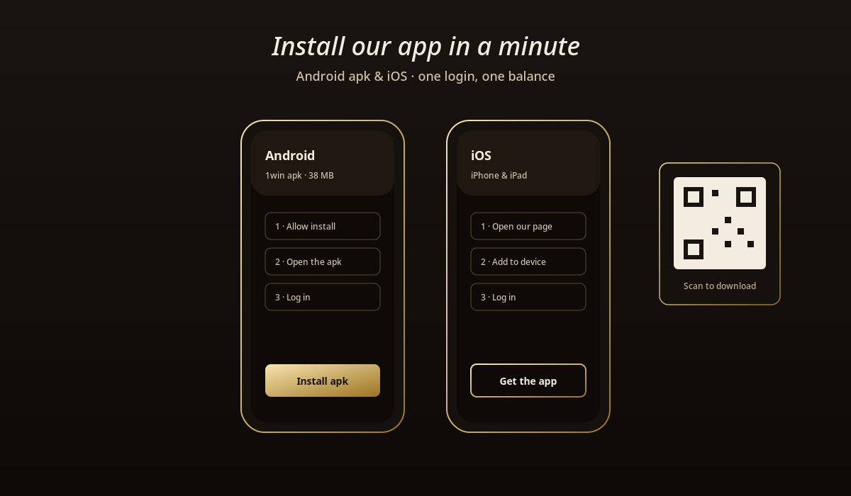 1win app download shown on two phones, Android apk and iOS, with three install steps each and a QR code
