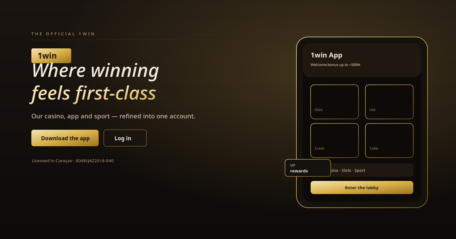 1win casino app home screen with neon game tiles, a 500% welcome bonus and instant UPI payouts