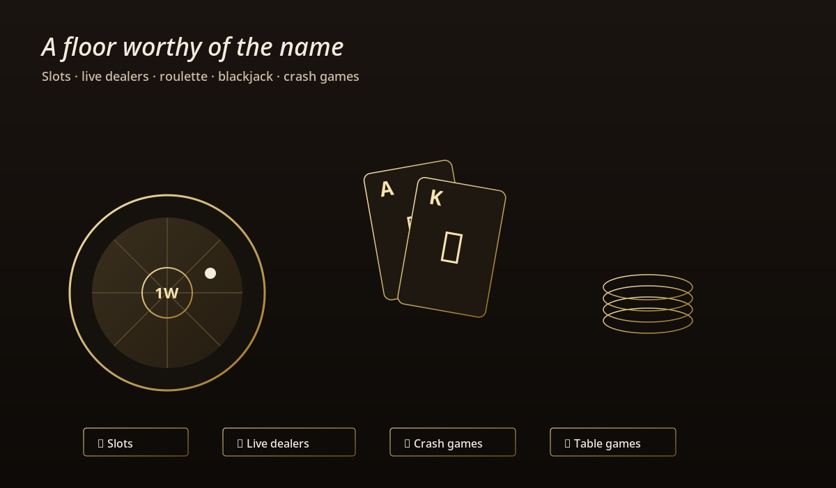 1win casino lobby categories shown as neon tiles: slots, live casino, crash games, table games, jackpots and new titles