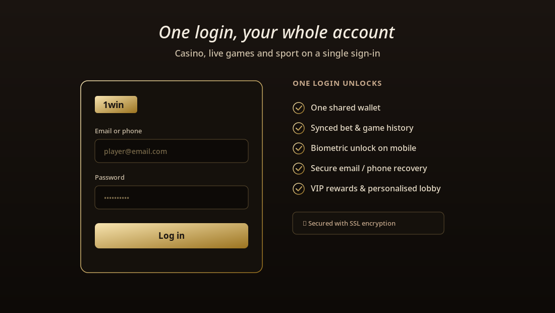 1win login form beside a checklist of what one login unlocks, ending with an SSL security note
