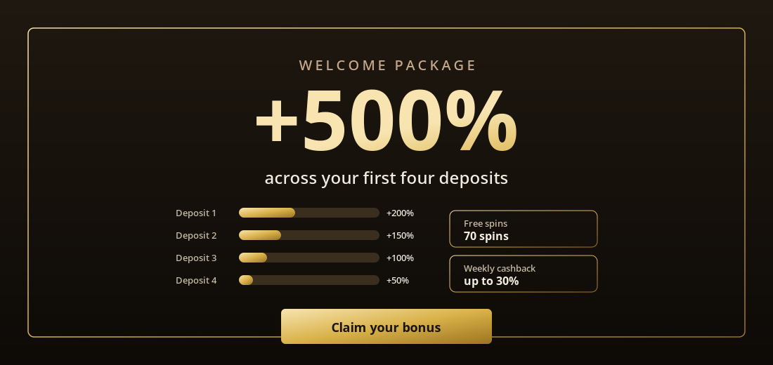 1win welcome bonus: +500% split across four deposits, 70 free spins and up to 30% weekly cashback